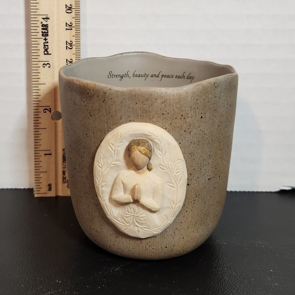 Scripture-Inspired Ceramic Vase with Praying Figure - Taupe and Ivory